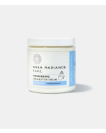 A white and blue jar of shea radiance pure nourishing shea butter cream. Unscented with colloidal oatmeal. 