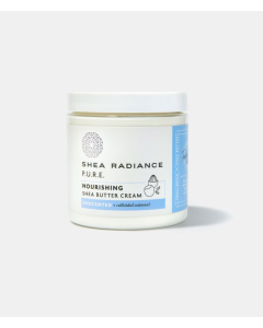 A white and blue jar of shea radiance pure nourishing shea butter cream. Unscented with colloidal oatmeal. 