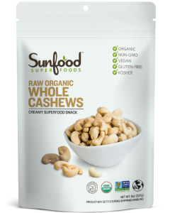Sunfood Raw Organic Whole Cashews, 8 oz.