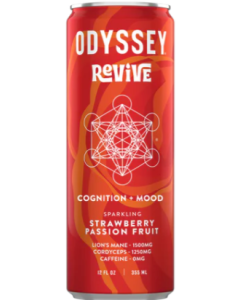 Odyssey Elixir Strawberry Passion Fruit Revive Sparkling Mushroom Energy Drink - Front view