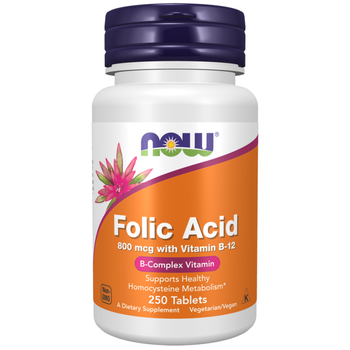 NOW Foods Folic Acid 800 mcg with Vitamin B-12 - 250 Tablets
