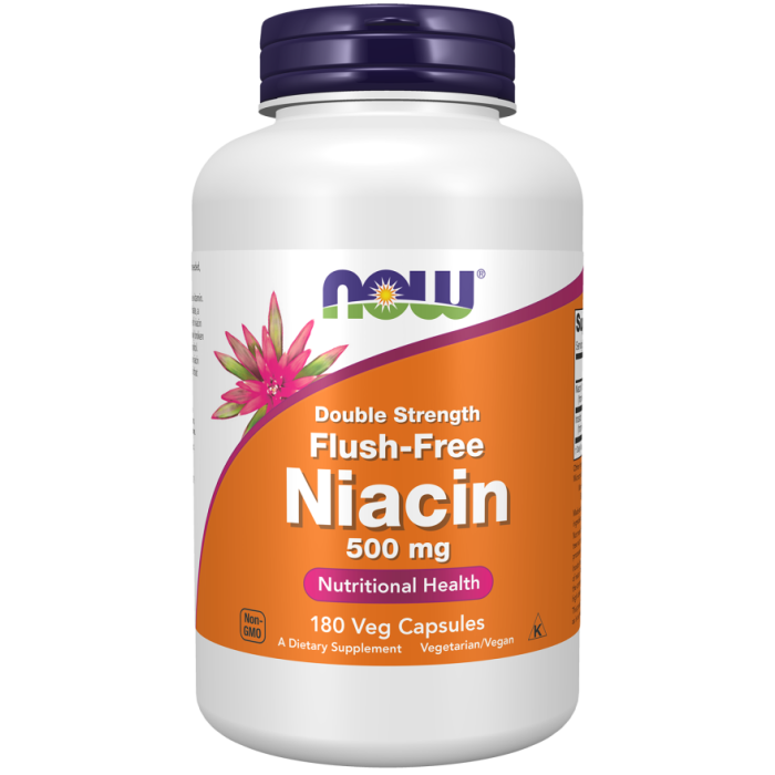 NOW Foods Niacin 500 mg, Double Strength Flush-Free - 180 Veg Capsules