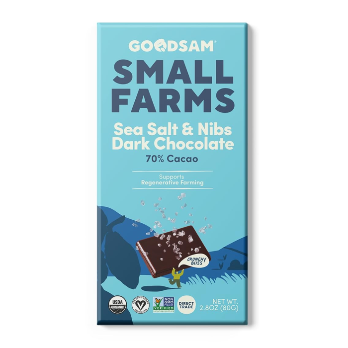 GoodSam Sea Salt & Nibs 70% Dark Chocolate Bar - Front view
