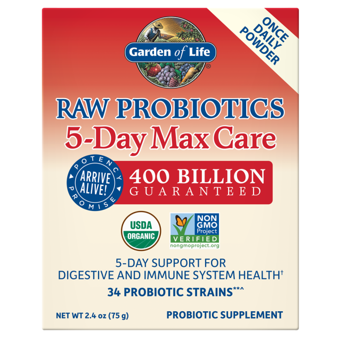 Garden of Life RAW Probiotics 5-Day Max Care Powder, Banana Flavor, 2.4 oz.