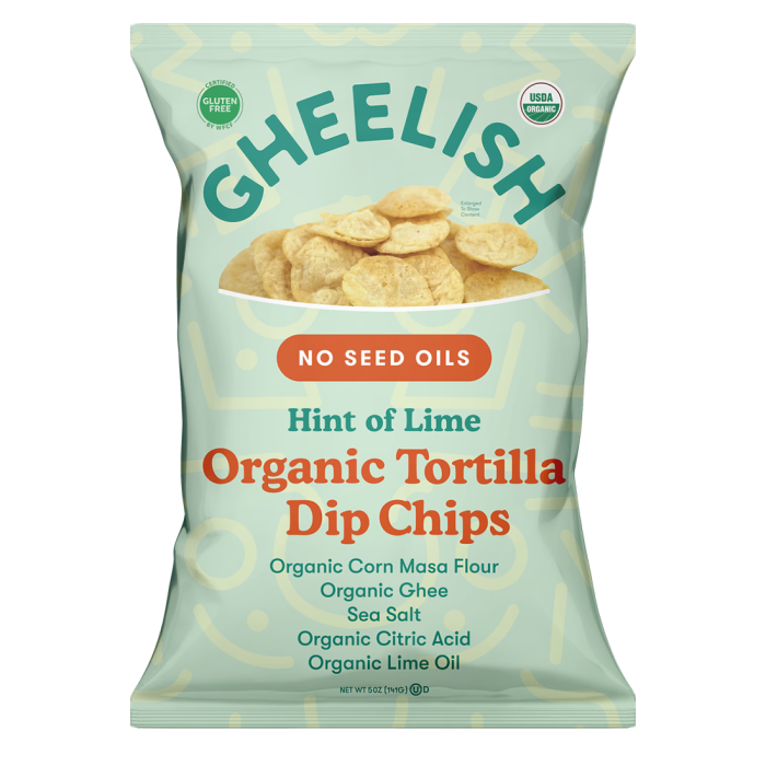 Gheelish Hint of Lime Organic Tortilla Dip Chips - Front view