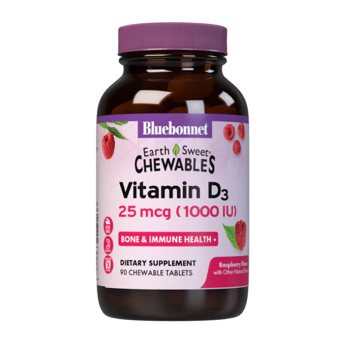 Bluebonnet EarthSweet Chewable Vitamin D3, 1,000 IU, Raspberry, 90 Tablets