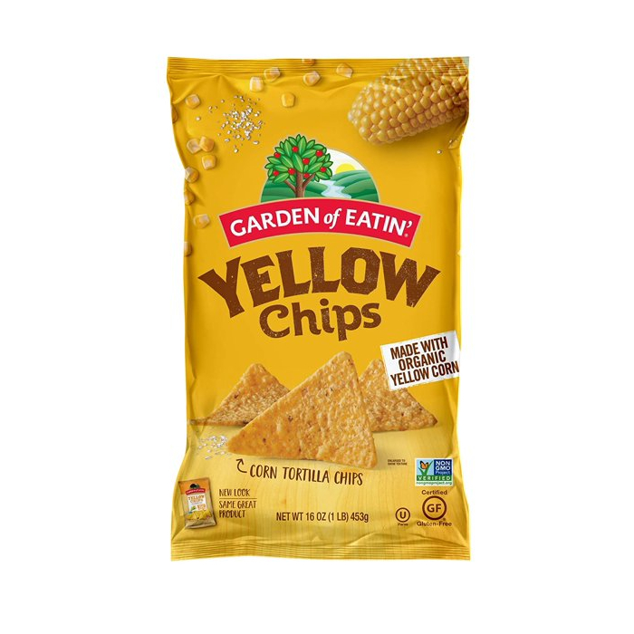 Front of chip bag. Picture of yellow corn tortilla chip. Non-GMO Project Verified Label. 