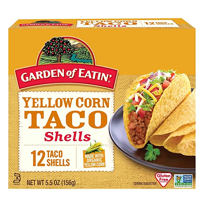 Garden of Eatin Yellow Corn Taco Shells front of box label. Picture of a taco shell. Gluten Free Label. Non-GMO label. 
