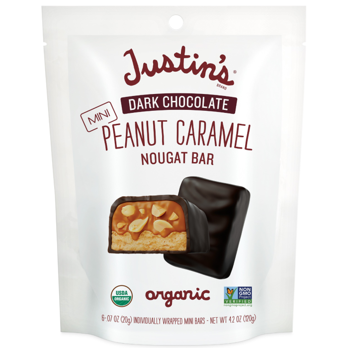  Justin's Mini Dark Chocolate Peanut Caramel Nougat Candy Bars - Front view