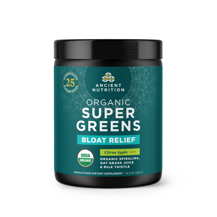 Ancient Nutrition Organic SuperGreens Bloat Relief Citrus Apple - Front view
