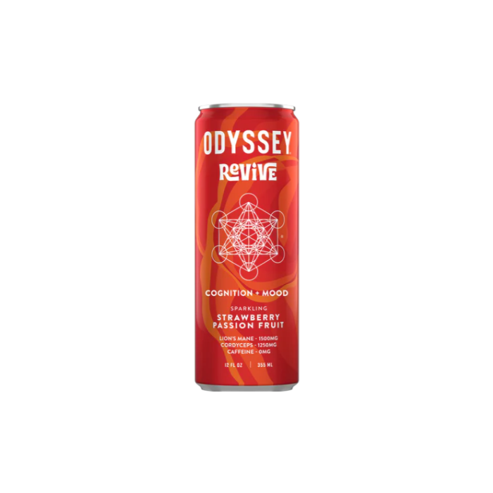 Odyssey Elixir Strawberry Passion Fruit Revive Sparkling Mushroom Energy Drink - Front view