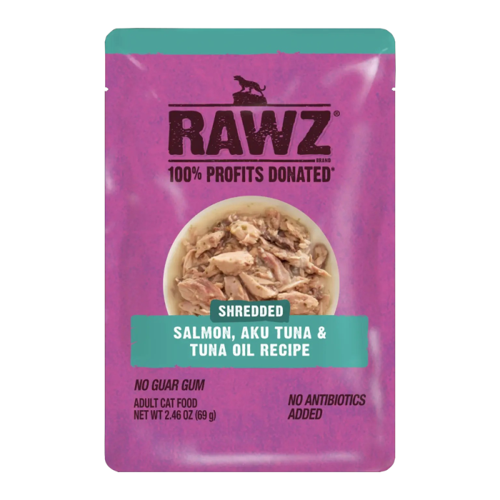 Rawz Salmon, Aku Tuna & Tuna Oil Shredded Pouch for Cat - Front view